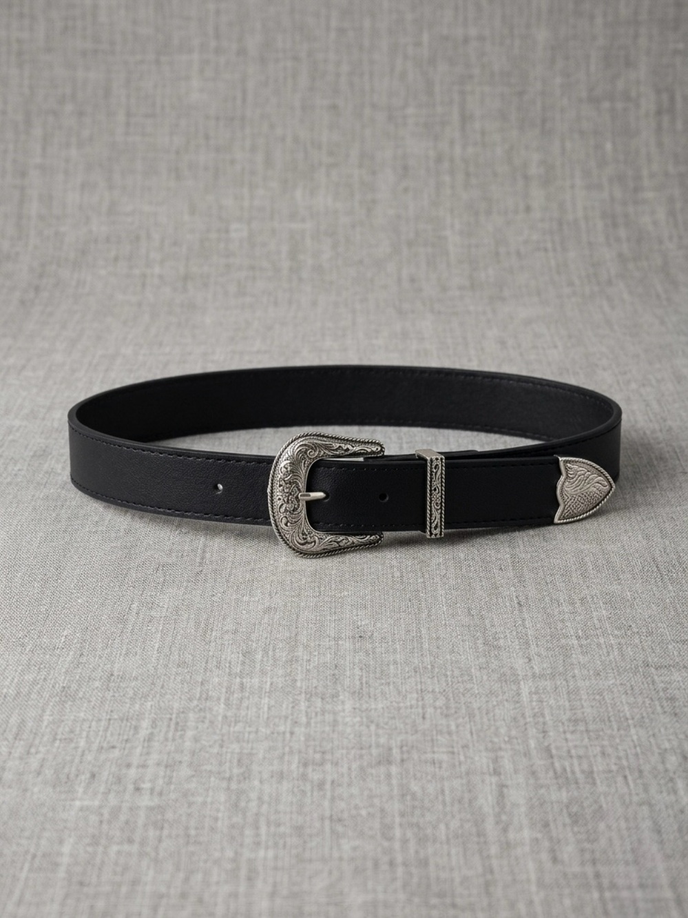 Black Leather Western Belt with Silver Buckle